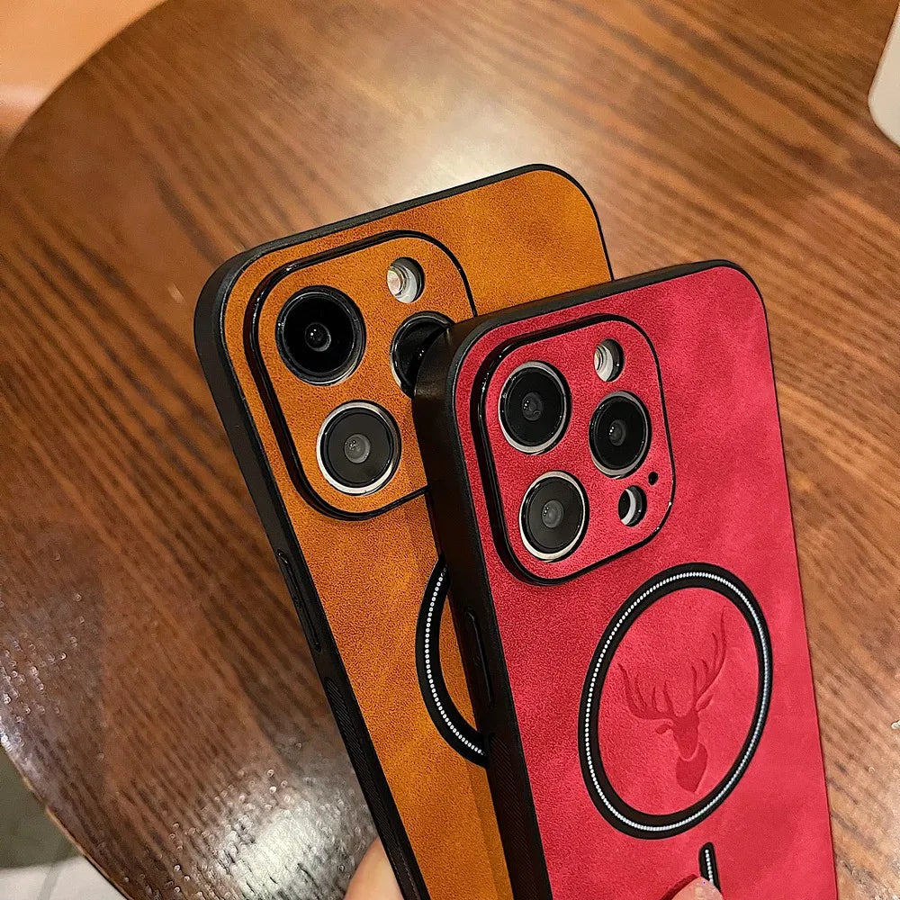 Retro Leather Deer Case For iPhone 16 15 14 13 12 11 Pro Max Plus 15Pro 14Pro 13Pro ProMax For Magsafe Wireless Charge Cover