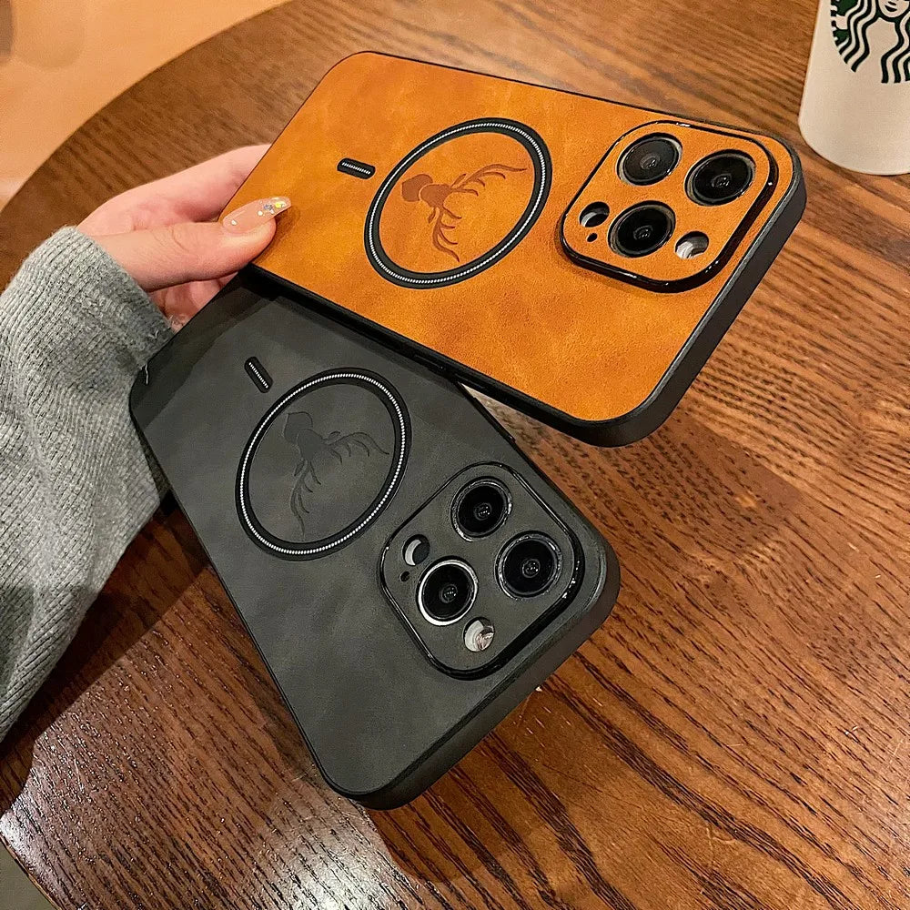 Retro Leather Deer Case For iPhone 16 15 14 13 12 11 Pro Max Plus 15Pro 14Pro 13Pro ProMax For Magsafe Wireless Charge Cover