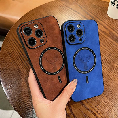Retro Leather Deer Case For iPhone 16 15 14 13 12 11 Pro Max Plus 15Pro 14Pro 13Pro ProMax For Magsafe Wireless Charge Cover