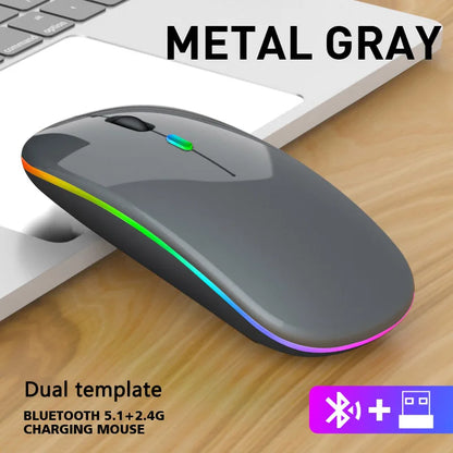 Wireless Mouse Bluetooth and 2.4GHz Dual Modes Rechargeable RGB Ergonomic Silent Click for PC iPad Laptop Cell Phone TV