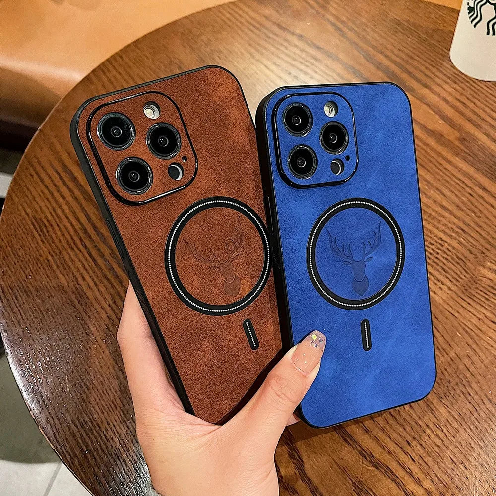 Retro Leather Deer Case For iPhone 16 15 14 13 12 11 Pro Max Plus 15Pro 14Pro 13Pro ProMax For Magsafe Wireless Charge Cover