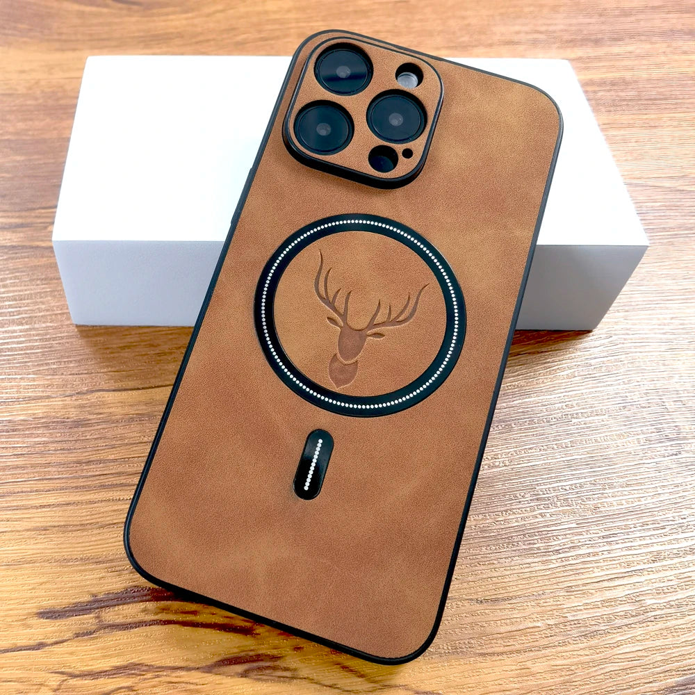 Luxury PU Leather Deer Case For iPhone 17 Air 16 15 14 13 12 11 Pro Max Plus 16E 15Pro 14Pro 13Pro Magsafe Wireless Charge Cover