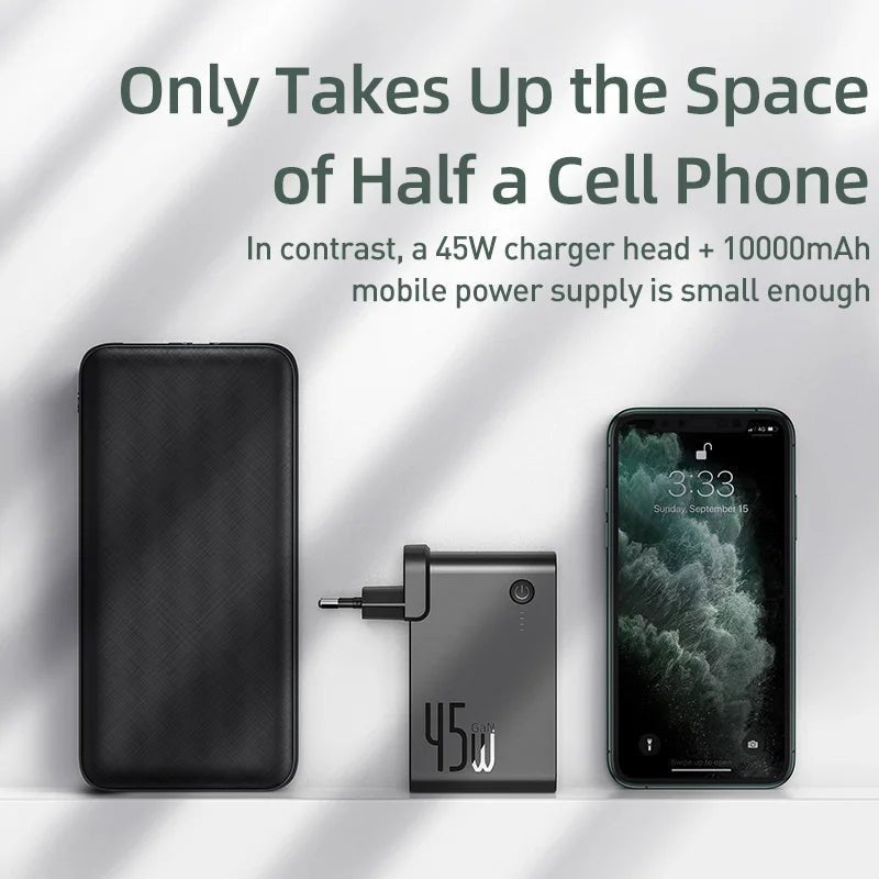 Baseus GaN Power Bank Charger 10000mAh 45W USB C PD Fast Charging 2 in 1 Charger & Battery as One ForiP 11 Pro Laptop ForXiaomi - PhoneStyle