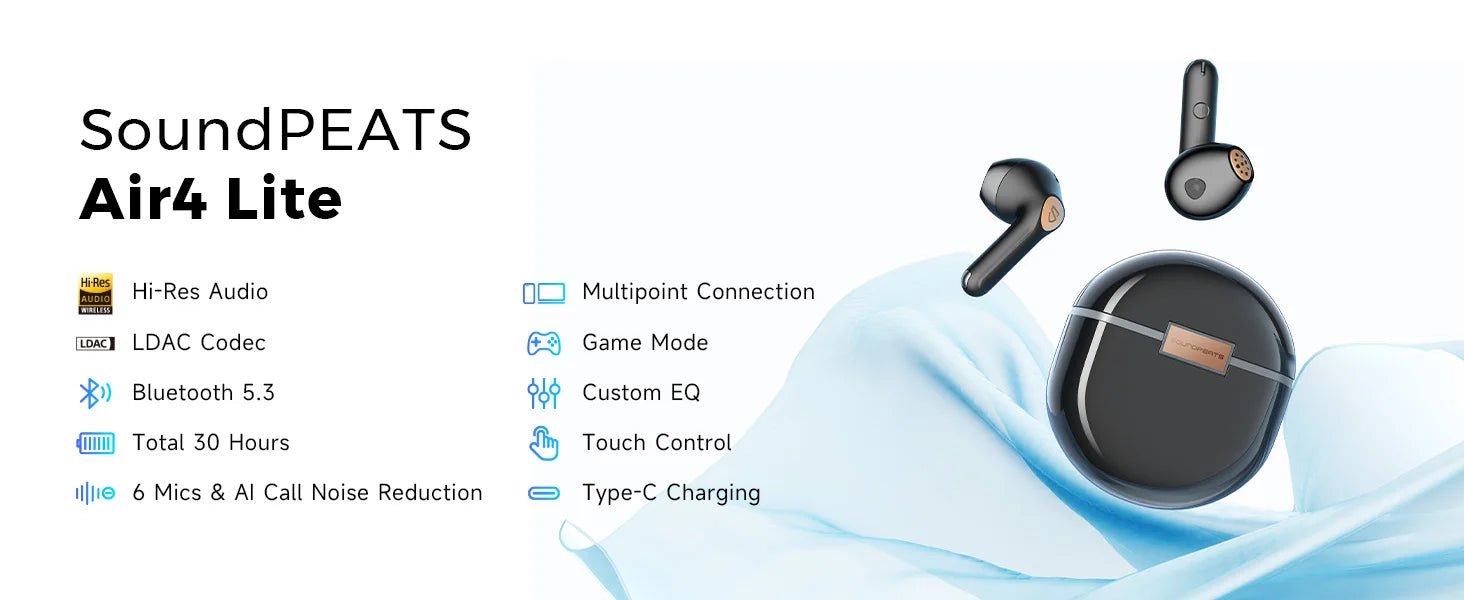 SoundPEATS Air4 Lite Bluetooth 5.3 Wireless Earphone Hi - Res Audio AI call Noise Reduction Eearbuds Support Multipoint Connection - PhoneStyle