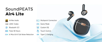 SoundPEATS Air4 Lite Bluetooth 5.3 Wireless Earphone Hi - Res Audio AI call Noise Reduction Eearbuds Support Multipoint Connection - PhoneStyle